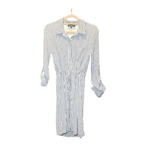 LULU’S Striped Blue Button Up Shirt Dress with Drawstring Tie Waist M